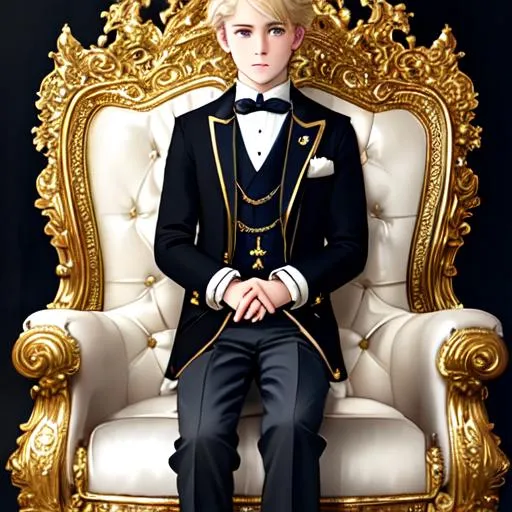 Prompt: full body, magical victorian era style, very beautiful 15-year-old blonde elegant shy timid anxious young prince sitting on 19th century throne, royal vibes, schoolboy, private school uniform,  long striped tie, tight jacket, trousers, realistic, studio lighting, qled, volumetric light, photo realism, steve simpson, dustin nguyen, feng zhu, greg rutkowski, Rendered by octane, group of french maids in background, Eye-contact, hyperdetailed attractive face and nose, perfect face, perfect body, perfect anatomy, hyperdetailed beatiful hair, hyperdetailed lips