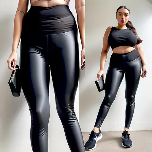 black nylon leggings, woman, curvy