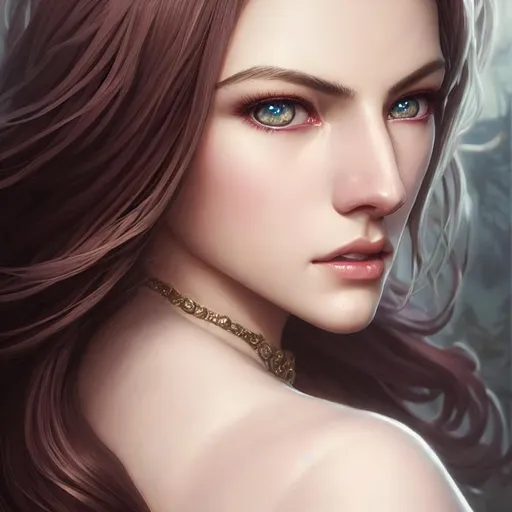 Prompt: portrait of a perfect carmilla from mobile legends, hyper realistic, smooth clear porcelain skin, big dreamy brown eyes, rebonded intricate silky hair, symmetrical, detailed face, looking into camera, 16k, by Greg rutkowski, full body, splash art, fantasy concept art, complementary colours, fit and muscular, Valentine’s skin