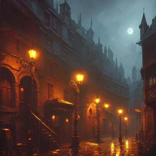 Prompt: Oil painting,Smooth lighting ,style of Ravenloft,art, in a city at night.