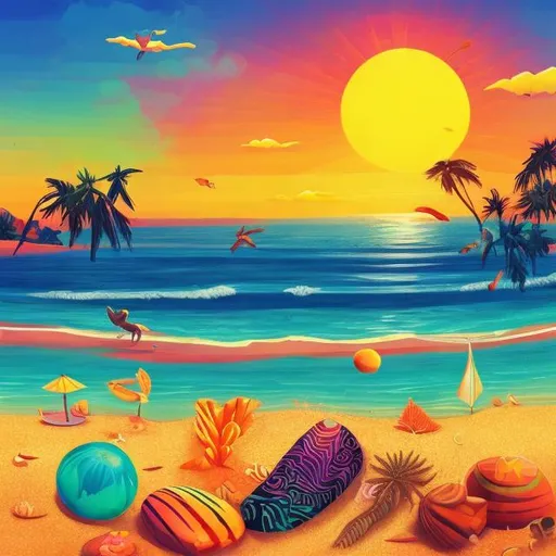Prompt: A beach and a sunset from the view of someone affected by mescaline and DMT. The beach is seen from the land and the sun is much closer than we might see it in real life. The colors are vibrant and we can see many different animals flying, swimming and walking.