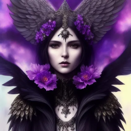 Prompt: Beautiful mage woman, black feathered angel wings, black magic, sparkling, armor, purple flowers, cyberpunk, beautiful body, long hair, tom bagshaw, amano, luis royo, highly detailed, realistic, colorful, 16K HDR, artgerm, pretty visuals, wisteria, sparkling, art by agnes cecile, watercolor delicate paint, purple blue sky, marble, rococo Ornate background, gold paint, highly detailed, digital painting, smooth, sharp focus, gtgraphics, illustration, art by Kenji Gonzales, natalia fabia, mucha, artgerm, 8k, professional.