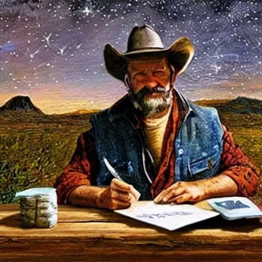 Prompt: A painting of a grizzled man wearing cowboy clothing writing a letter with a quill by candlelight under a clear, starry night in the dry desert he stars and sitting near camp