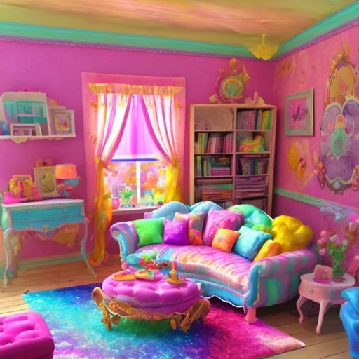 Prompt: Dollhouse livingroom inspired by Lisa frank 