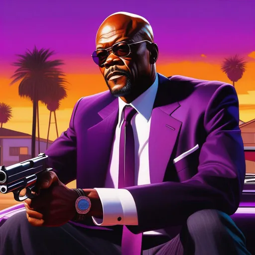 Prompt: Samuel L Jackson in GTA San Andreas, guns, cartoony, purple atmosphere, extremely detailed painting by Greg Rutkowski and by Henry Justice Ford and by Steve Henderson