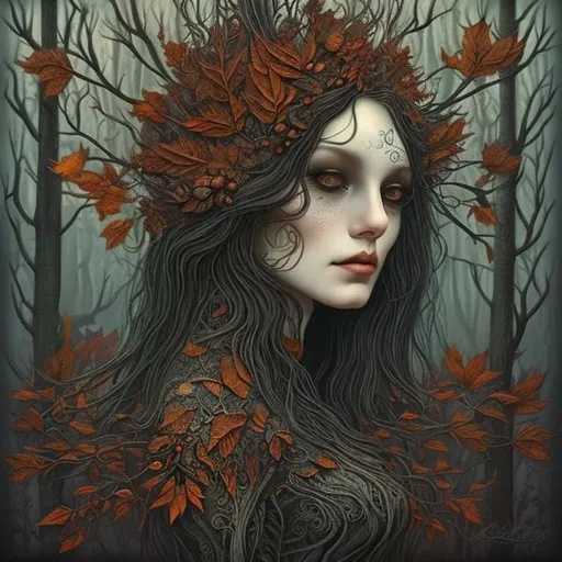 Prompt: "autumn forest witch, black leaves, detailed, intricate, surreal, christian schloe art"