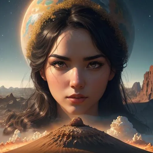 Prompt: Create a high-resolution head and shoulders painting of a planet-sized, gorgeous giantess bursting out of the Earth's crust. The scene should be intense and dramatic with cinematic lighting that highlights her stunning features. The artwork should be inspired by the styles of Norman Rockwell, Craig Mullins, and Ross Tran, and should be in 4K resolution. The focus should be on the giantess's face and upper body as she emerges from the planet, and the overall effect should be awe-inspiring and powerful.