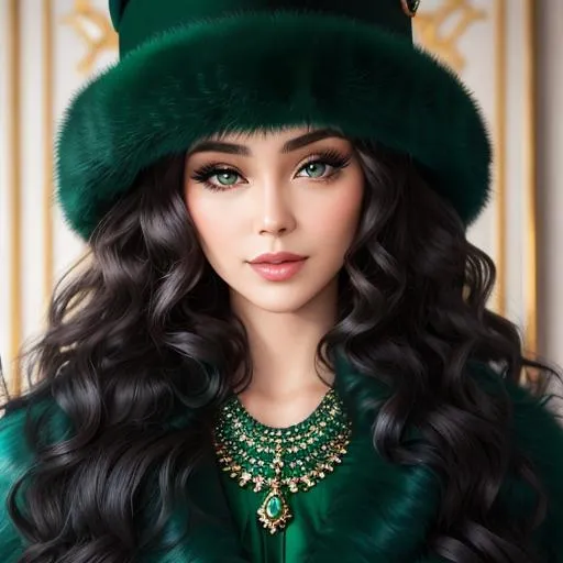 Prompt: Lady all in green, Long  very curly hair, wearing emerald jewelry,face front, blue fashion, fur hat and coat, pretty makeup, facial closeup