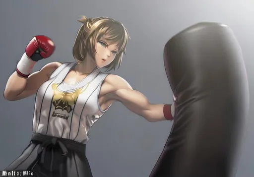 Prompt: Best quality, girl, (punching bag:1.2), master piece, punchingbag Beautiful tallgirl punching bag training muscle kicking punching sandbag High high quality 