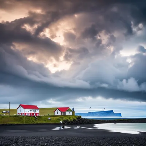 Prompt: landscape, iceland inlet, very small fishing village, flock of birds in the sky, ocean, stormy, 24mm lens, f/2.8, extreme wide shot, 5 stop, daytime background, bokeh, centered, horizontally symmetrical, soft lighting, dramatic lighting, rule of thirds, tonemapping, ultra high quality octane render, 4k, 3D Blender Render, hypermaximalist