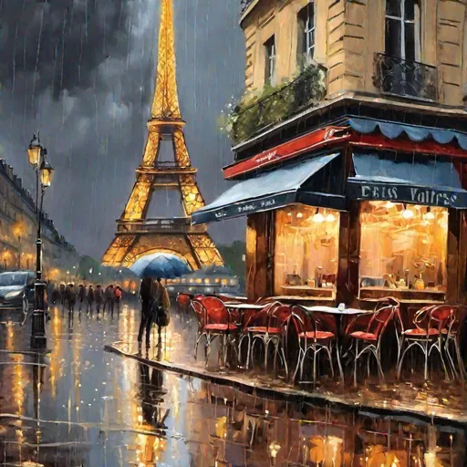 Prompt: Parisian cafe, Eiffel Tower background, rain, lights, painting, reflections in puddle