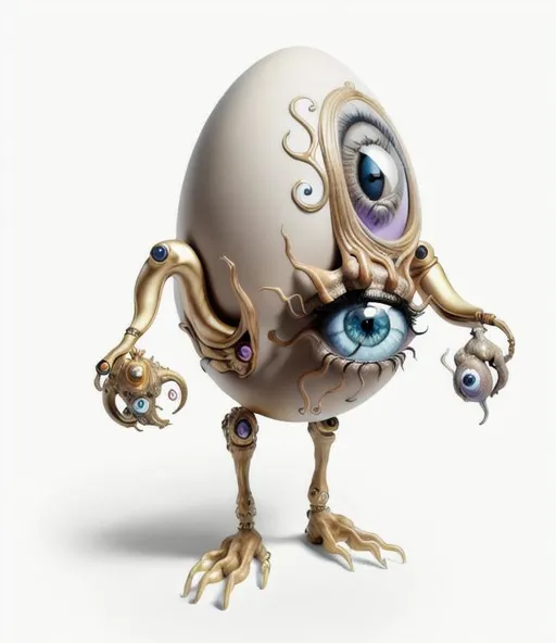 Prompt: Humanoid Egg Chimera with Single Large Eye, Sarpedon in the background, Photorealistic Digital Art, Intricately detailed, 8k resolution, artby Salvador Dali 