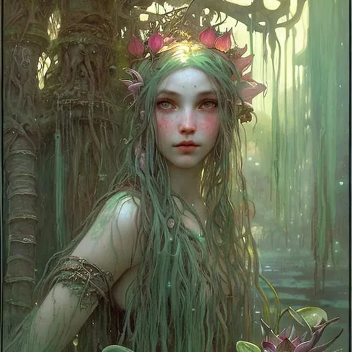 Prompt: Portrait Druid witch Girl with pretty detailed face and sea foam green hair in swamp water at sunset with lush lotus and Sarracenia and hanging lanterns by John bauer high contrast John William Waterhouse high bloom concept art peach color