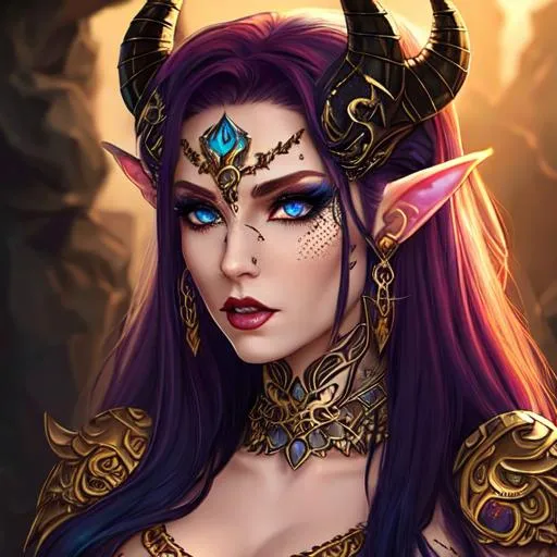 Prompt: full body portait of a elven war goddess with small curled horns and golden wings and jewelry, lip piercing, facial tattoos, nose piercing, blue eyes, pierced ears, dark red hair that falls in her face, dark western background, western, micro detailed, dark fantasy. trending, realism, moody
