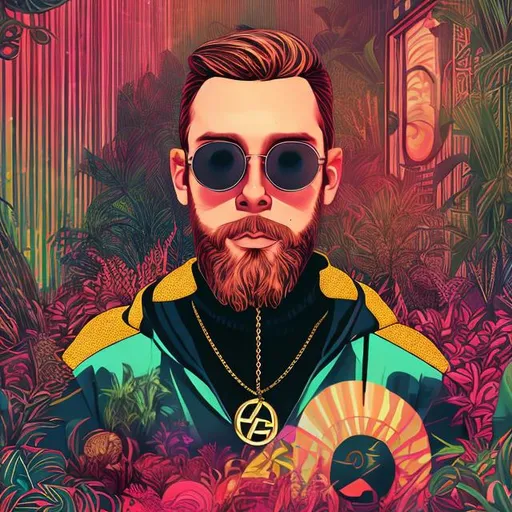 Prompt: Sven, DJ, Swedish, Blonde, Beard, house plants, sunglasses, pancho, turtleneck, anime, poster, psychedelic colors, Danish modern house, desktop background, gold chain, deep house music, trippy, baroque, victorian