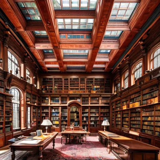 Prompt: a extensive colorful victorian library with study tables, couches, windows, and a large skylight during the day