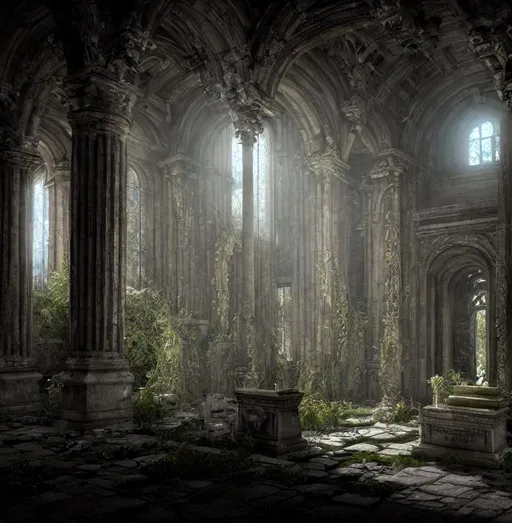 Prompt: the ruins of the crypt in the cemetery, intricate, ethereal, by luis royo, hyper detailed, weta digital, ray trace, unreal engine, trending on artist, beautifully lit, cinematic, soft light, photorealistic, volumetric, realistic, glossy, 8 k post - production, masterpiece, luxury, smooth