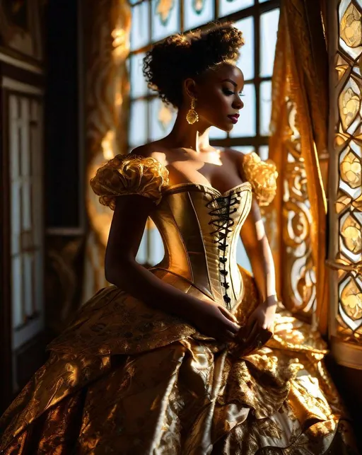 Prompt: A model poses in an ornate 19th century corset and ruffled gown, sunlight from a nearby window caressing her skin and lighting up intricate gold brocade detailing. In the style of Mark Laita.