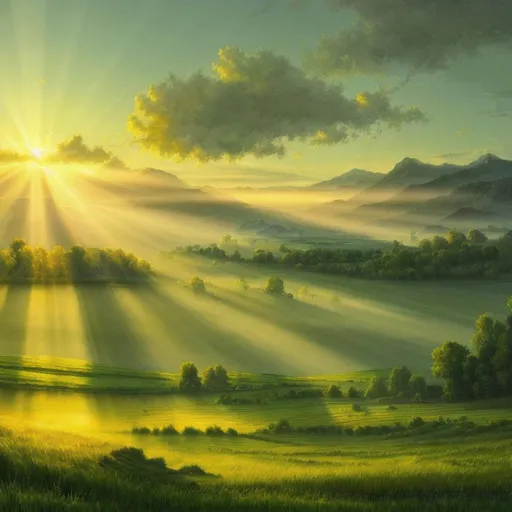 Prompt: landscape painting in 8k UHD. green grassland at dawn. god rays, masterpiece. style of ryan church. trending on art station.