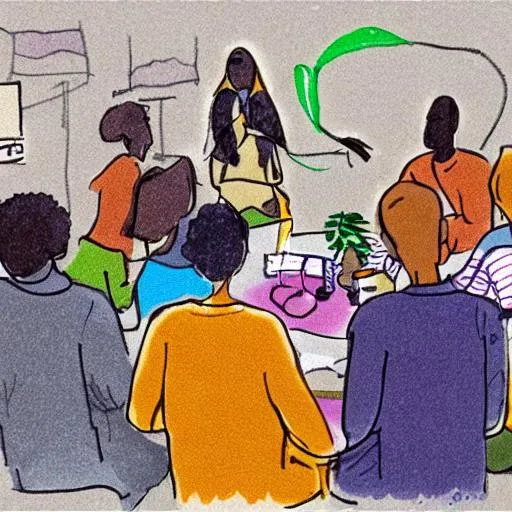 Prompt: A picture (animation) of a group of people having a discussion with each other from online application. Use color sage and peach