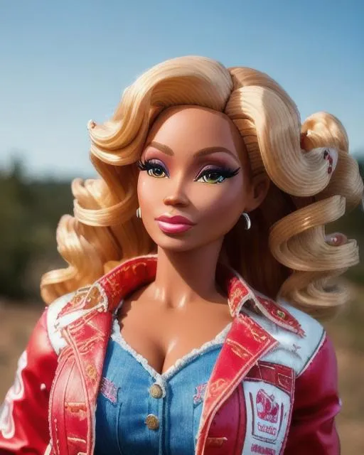 Prompt: upper body, walking pose, slow motion, close up, anatomical cinematic photo of a beautiful cowgirl barbie doll, mix of beyonce knowles and dolly parton, wavy hair, segmented model, mattel barbie aesthetic, made of plastic, segmented silicone doll, wearing a denim jacket, rustic western clothes, designer jeans, sheer cotton, crimson accent, push up blouse, ultra detailed, detailed plastic skin, studio lighting 