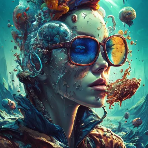 Prompt: ad poster, splash art, head and shoulder, surrounding elements, cool shades, digital painting, portrait masterpiece, surreal abstract mental implosion paradise 