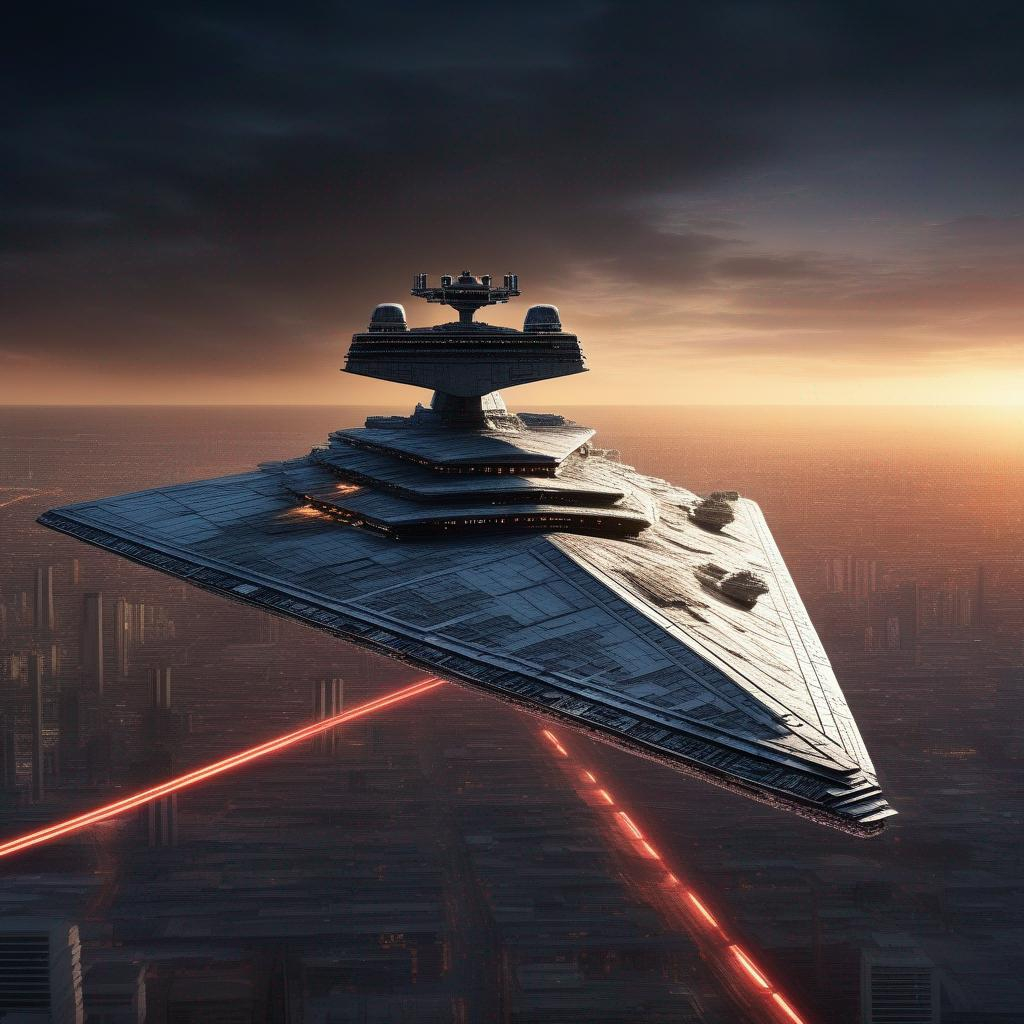 A Star Destroyer from Star Wars movies, above the ci...