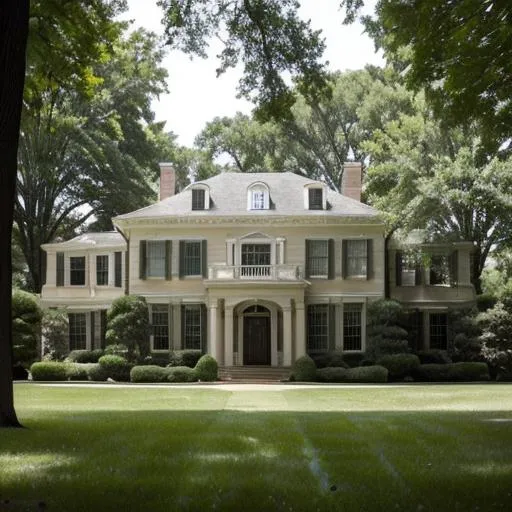 Prompt: a mansion, with great ground on all sides. good condition. good ventilation, a few trees, lawn chairs, beautiful
