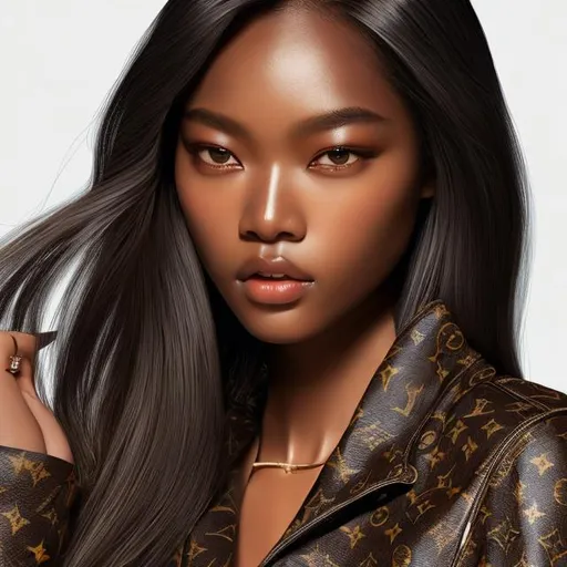 Prompt: dark skin woman with Korean features straight hair in  Louis Vuitton clothing. Symmetrical face and eyes, dreamy eyes. 1080p. hyper realistic.