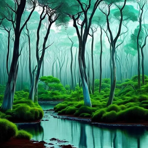 Prompt: Painted forest a forest with trees that look painted beautiful forest with rivers that look like paint painted