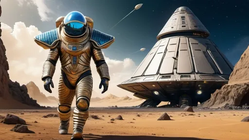 Prompt: a cone-headed male annunaki explorer allalu wearing a fish-scale-space-suit walks toward camera away from a giant crashed spaceship in the background