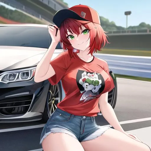 Prompt: Akina 1female (Short red hair, relaxed and sassy green eyes), 8K, Insane detail, best quality, UHD, Highly detailed, insane detail, high quality. Casual outfit, sideways snapback, car graphic t-shirt, denim shorts, at a racetrack