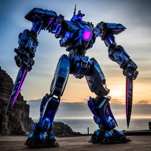 Prompt: 
Make a HDR picture of pacific rim mech, it’s blue and purple, laser, arm canyon, sword on back, 150ft tall, lots of weapons 