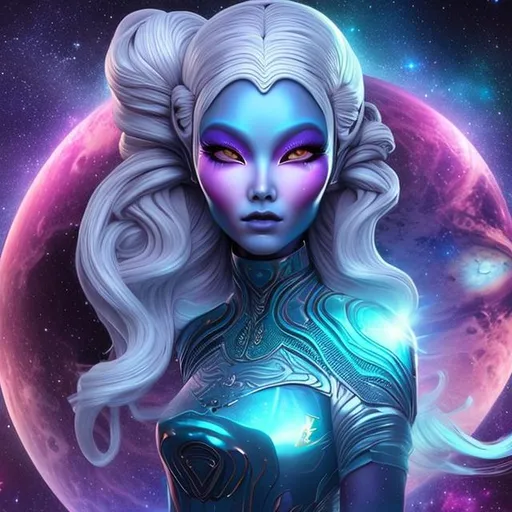 Prompt: An exquisite female alien personifies the enigmatic allure of the cosmos, exuding grace and wonder. Her mere presence serves as evidence of the vast beauty and diversity that can exist among the stars, captivating the imagination of all who are lucky enough to cross paths with her.

