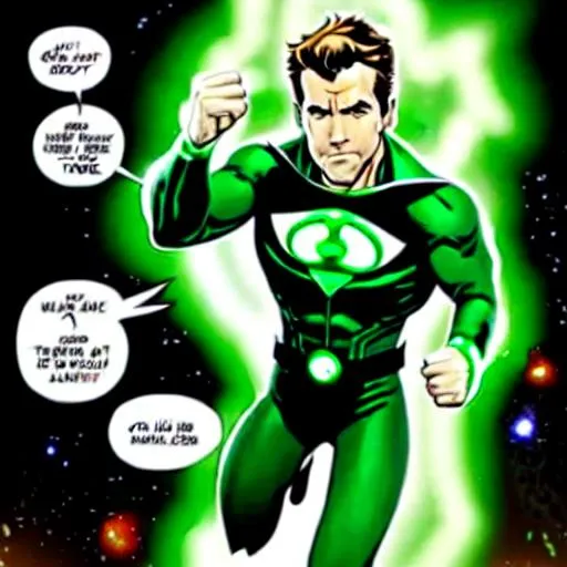 Prompt: Hal Jordan Ryan Reynolds Inspired, Green-Glowing-Cape floating in deep outer-space 