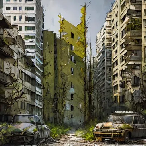 Prompt: wild plant covered city buildings after the Apocalypse with a deer in the streets
