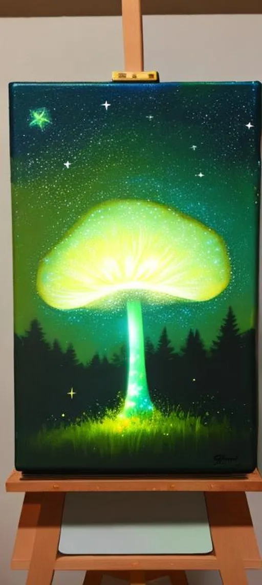 Prompt: Acrylic painting of a night sky, green tints, with stars, and a small glowing magical mushroom sillouhette, fragonard