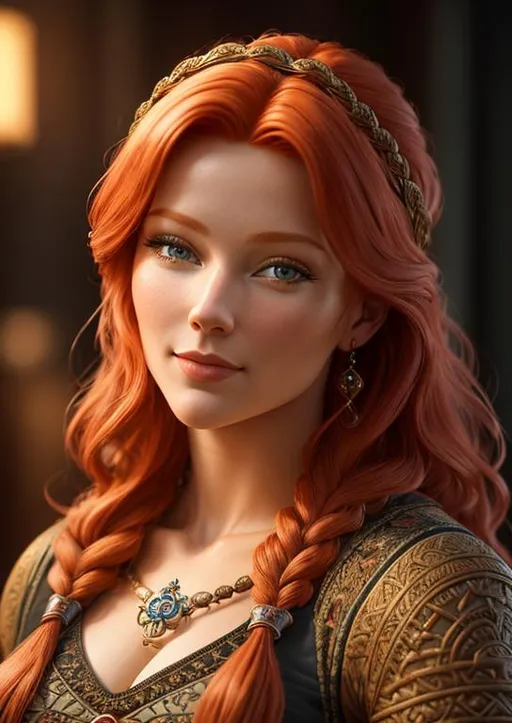 Prompt: highest quality stylized viking woman masterpiece, red hair, award-winning 3d oil painting art, perfect anatomy in perfect composition, long shot, hyper-realistic photography, intricate, 64k, UHD, HDR, (intricate eyes), extraordinary lips, subtle smile, gorgeous eyelashes, highly detailed face, hyper-realistic facial features, cinematic 3d volumetric, dramatic lighting with backlit backlight, by Julia Razumova