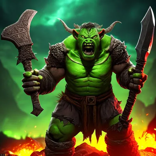 Prompt: Orc, green skin, scary face, holding an axe, at lava dungeon, red eyes, giant