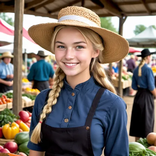 Prompt: (Amish 22 year-old young lady), slim and cute figure, long blonde hair tied up under an Amish bonnet, working at a stall in a bustling farmers market, shy yet expressive smile, colorful fresh produce surrounding her, warm and inviting ambiance, soft natural lighting, rustic market background, detailed facial features capturing youthfulness, wearing traditional Amish clothes, high definition, ultra-detailed.