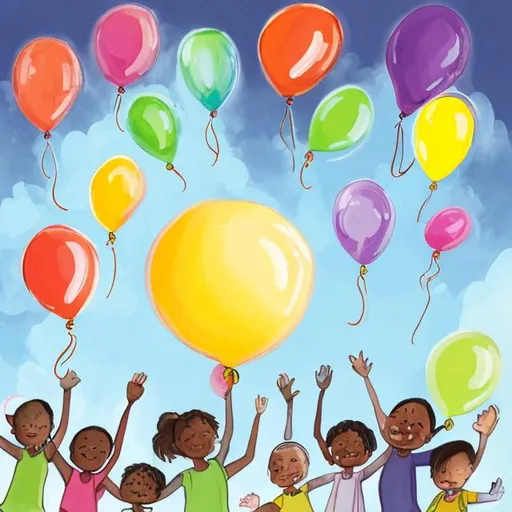 Prompt: In this artwork, you can depict a group of diverse children, each holding a colorful balloon. The balloons can represent their dreams, hopes, and aspirations. The children can be shown releasing their balloons into the sky, with big smiles on their faces. Above them, you can illustrate a world map or globe, symbolizing the interconnectedness of all children around the world. The balloons can carry messages of love, peace, and unity.
