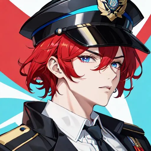 Prompt: Zerif 1male as a male police officer (Red side-swept hair covering his right eye)UHD, 8K, Highly detailed, insane detail, best quality, high quality, wearing a blue male police uniform, anime style, tilting his hat,