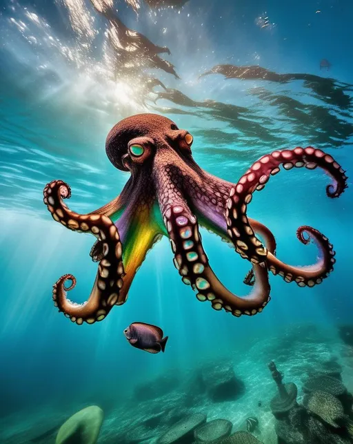Prompt: In an underwater paradise, capture the mesmerizing scene of a Rainbow shimmering through the water as an Octopus glides gracefully nearby. Use an underwater camera with a wide-angle lens to encapsulate the captivating encounter. Illuminate the scene with underwater lighting to bring out the enchanting colors