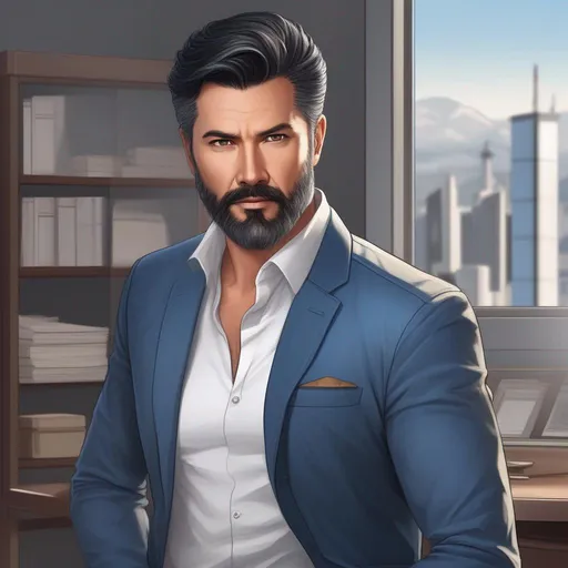 Prompt: An attractive 55 year old man black hair, short beard, elegant, large eyes, modern, full body view, white tshirt with a jacket and blue jeans, (erotic), posting front faced, office background
