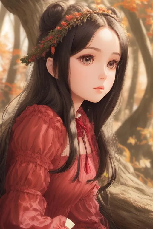 Prompt: medium portrait picture of 1 girl vintage anime, petite body,

masterpiece pastel ultra realistic 3D hyperrealism hyperdetailed off the shoulder red cotton fluffy string dress, beautiful detailed brown eyes, beautiful detailed face, highly detailed beautiful gloss lips, highly detailed intricate fluffy black long hair, stray hairs, complex,

anxious,

sitting in the old fantasy forest, autumn environment, cozy environment, vintage environment, fantastical nostalgic mood,

iridescent reflection, cinematic light, back light, sunshine, sunlight, dramatic light, light reflection, 3D shading, 3D shadow,

impressionist painting,

volumetric lighting maximalist photo illustration 4k, resolution high res intricately detailed complex,

soft focus, digital painting, oil painting, heroic fantasy art, clean art, professional, colorful, rich deep color, concept art, CGI winning award, UHD, HDR, 8K, RPG, UHD render, HDR render, 3D render cinema 4D, Makoto Shinkai, Degas Style Painting