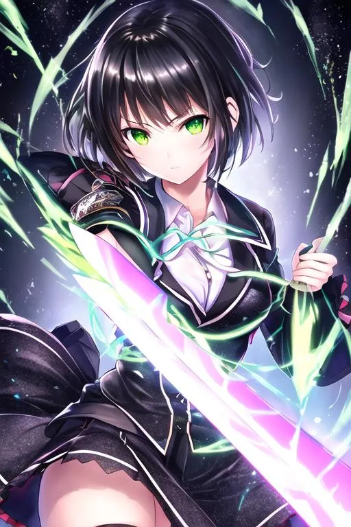 Prompt: UHD, hd , 8k,  anime, hyper realism,   Very detailed, zoomed out view, clear visible face, full character in view, clear visible face, standing , school girl character, short black hair, glowing green eyes, rotting flesh, holding a sword with a skull on top in her right hand,