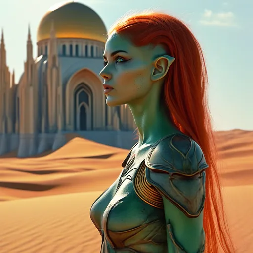 Prompt: hybrid earth and alien woman, 185 cm tall, 80 kg, light green skin,red hair, large full black eyes, standing confidently on Arrakis, picturesque dune planet, lush vegetation, imperial palace, realistic,, warm, dramatic lighting, inviting ambiance, vibrant colors blending with arid terrain, emphasis on intricate details capturing the energy of her presence.