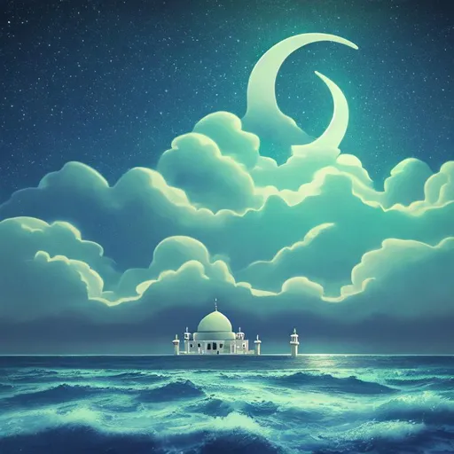 Prompt: Ocean surface as ground, a simple mosque on clouds in the sky, night sky with half moon in background, with blue-green color theme