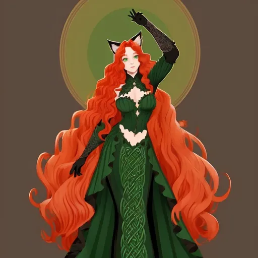 Prompt: Celtic woman's face with cat ears and tail, long red curly hair, detailed green eyes, detailed skin texture, full body view, diffused lighting, delicate, artistic, beautiful, 