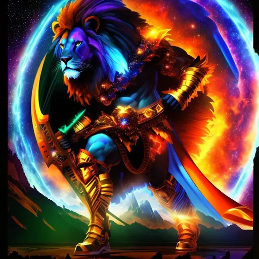 Prompt: 3D, HD, Cinematic, Dramatic, Cosmic, Epic, dark, Beautiful {Man}Lion, as warrior Nebula (Supernova red green blue yellow orange purple), hyper realistic, expansive interstellar background, hyper realistic, 8K --s99500